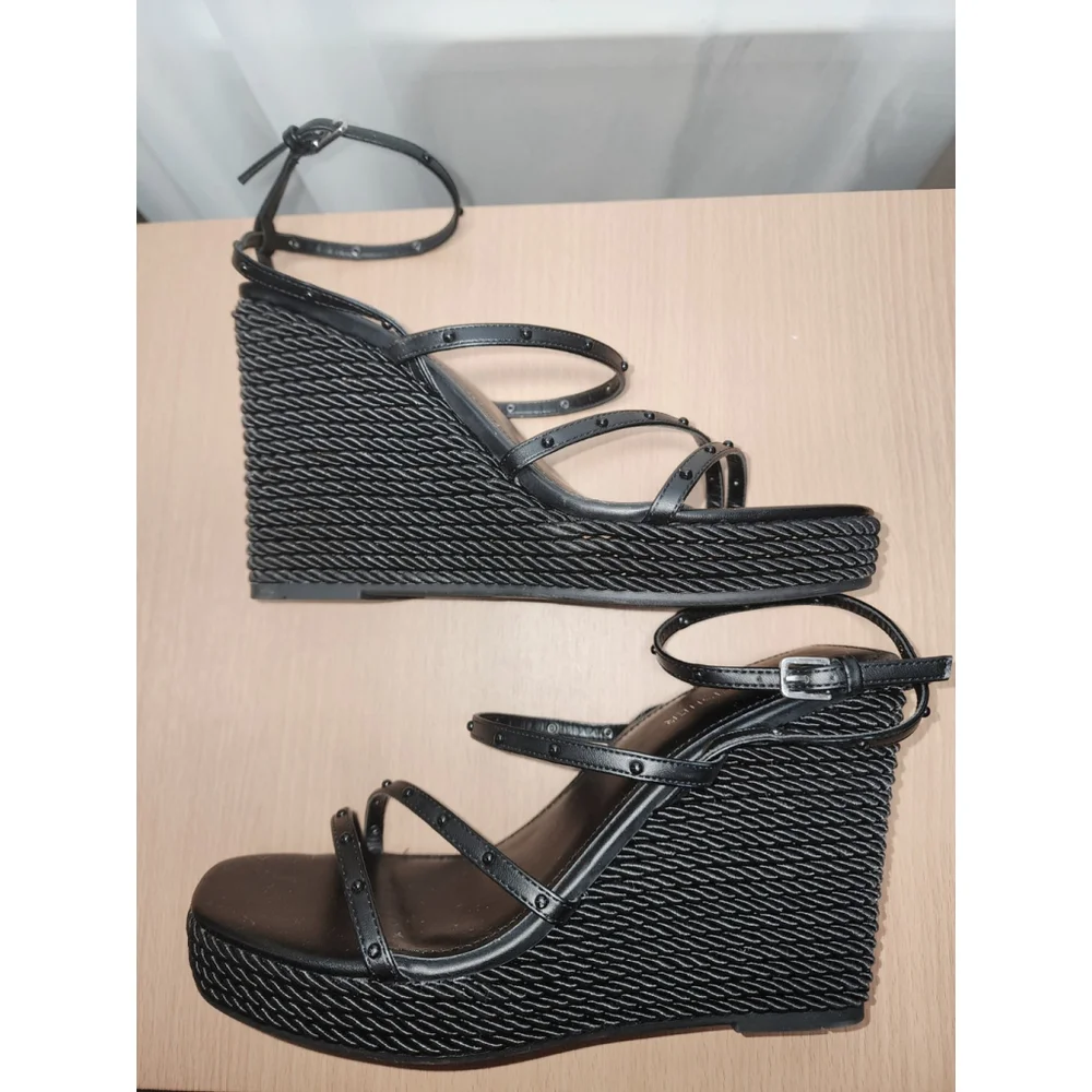 Marc Fisher Faux Leather Studded Espadrille Wrapped Rope Platform 9.5 M BLACK